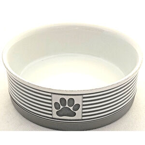 DOG/PET BOWL-by BONE DRY-Gray & White-Stripes-Paw Decor-Rubber Bottom No Slip